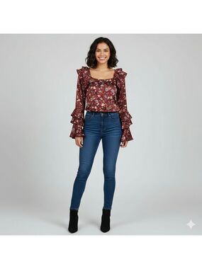 Yaya & Co Chic Burgundy Floral Blouse with Ruffle Sleeves – Size S